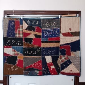 19th Century Antique Crazy Quilt Victorian Wool Silk Embroidered 52x40 Table Mat